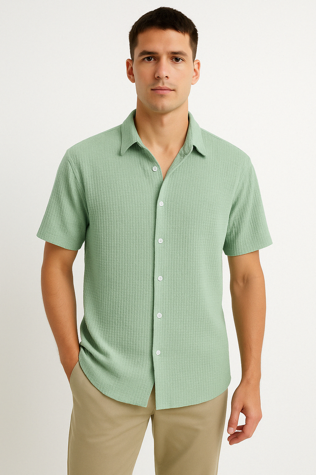 Men’s Short Sleeve Shirt – Cotton Blend – Regular Fit – Textured Button-Front Casual