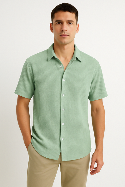 Men’s Short Sleeve Shirt – Cotton Blend – Regular Fit – Textured Button-Front Casual