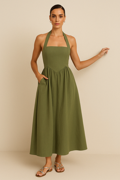 Women’s Maxi Dress – Halter Neck – A-Line Fit – Lightweight Breathable Fabric – Pockets