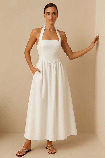 Women’s Maxi Dress – Halter Neck – A-Line Fit – Lightweight Breathable Fabric – Pockets