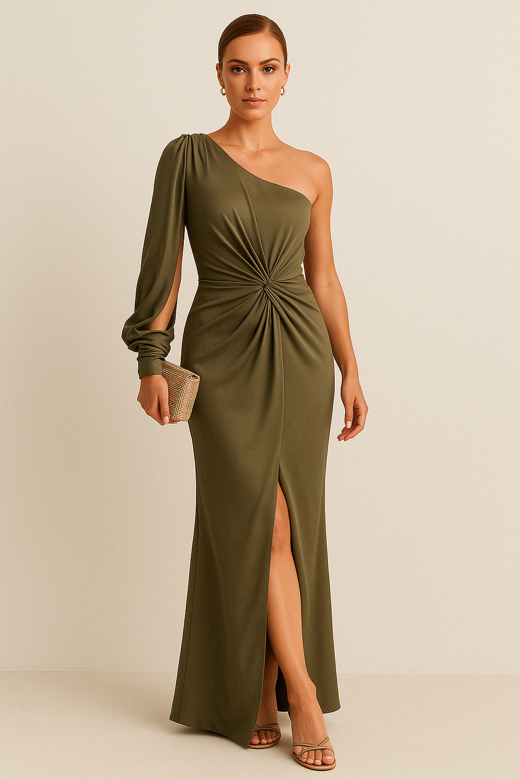 Women’s Maxi Dress – Satin Finish – One-Shoulder – Fitted Silhouette – High Slit