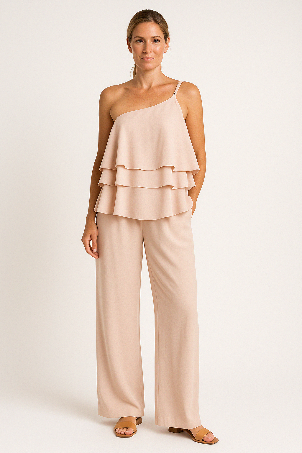 Women’s Two-Piece Set – Asymmetrical Ruffle Top – Wide-Leg Flowy Pants – Soft Fabric