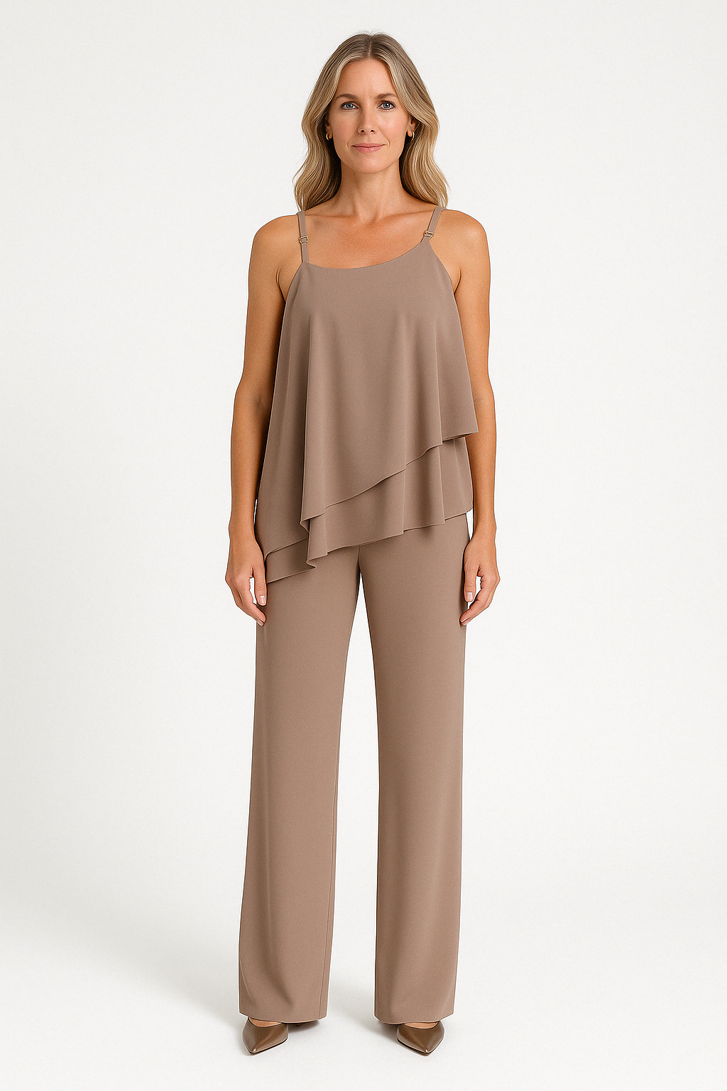 Women’s Two-Piece Set – Asymmetric Draped Sleeveless Top – Straight-Leg Relaxed Pants