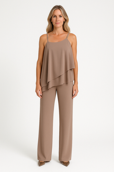 Women’s Two-Piece Set – Asymmetric Draped Sleeveless Top – Straight-Leg Relaxed Pants