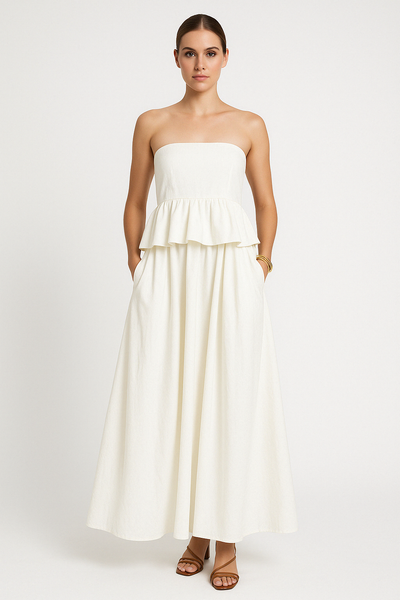 Women’s Maxi Dress – Strapless Fitted Bodice – Peplum Waist – Flowing A-Line Skirt