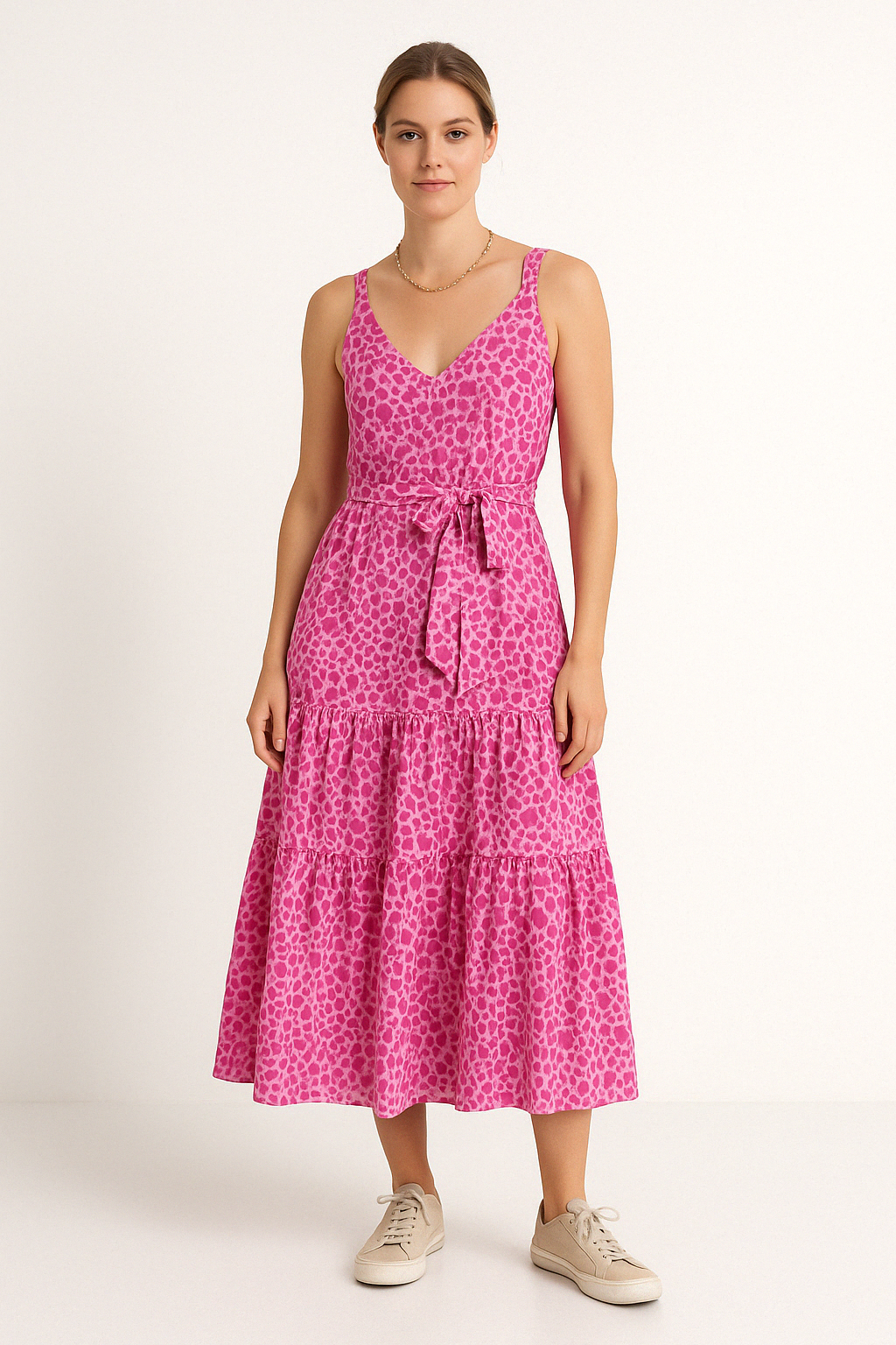 Women’s V-Neck Dress – Sleeveless Relaxed Fit – Tiered Midi Skirt – Waist Tie – Printed