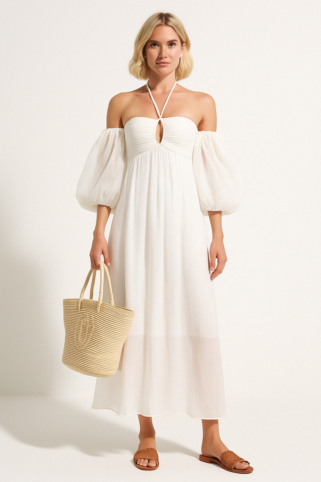 Women’s Maxi Dress – Off Shoulder – Puff Sleeve – Cut-Out – Flowy Cotton Blend