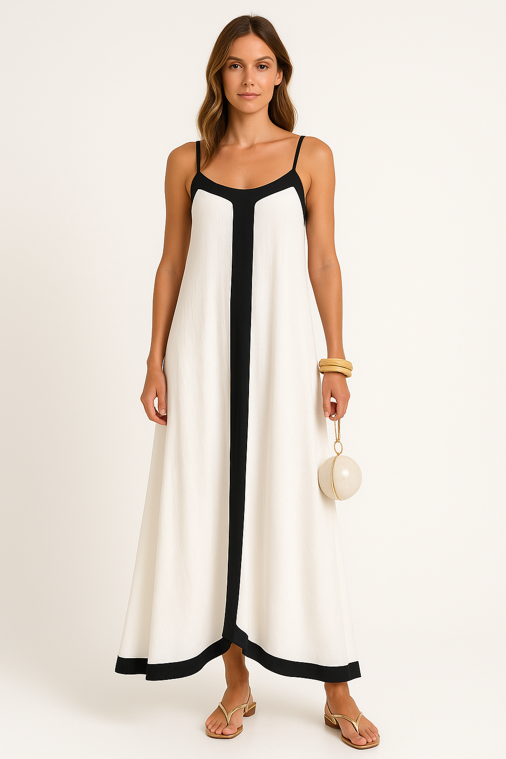 Women’s Maxi Dress – Loose Fit – V-Neck – Thin Straps – Contrast Detail – Flowy Hem