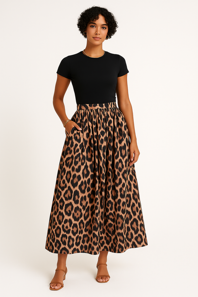 Women’s Pleated Skirt – Animal Print – Flared Maxi – Lightweight Flowing Fabric