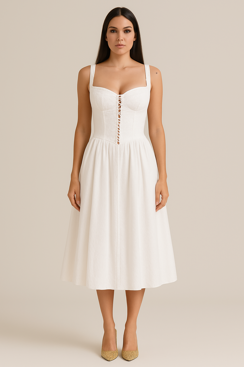 Women’s Midi Dress – Off-Shoulder – Fitted Bodice – Lace-Up Detail – Flowing Skirt