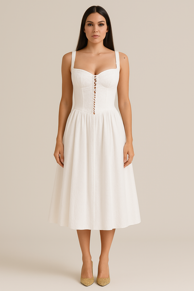 Women’s Midi Dress – Off-Shoulder – Fitted Bodice – Lace-Up Detail – Flowing Skirt