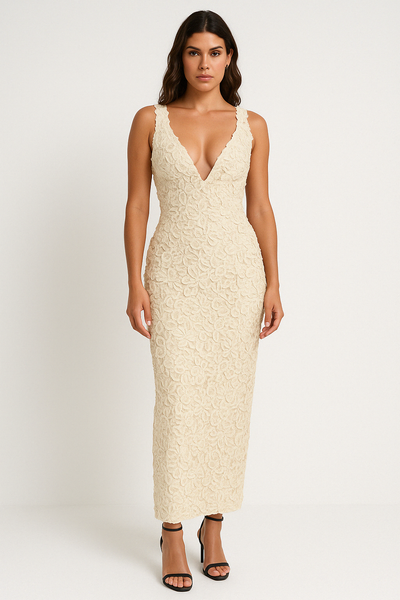 Women’s Evening Dress – Slim Fit – 3D Floral Texture – Plunging Neckline – Sleeveless – Ankle Length