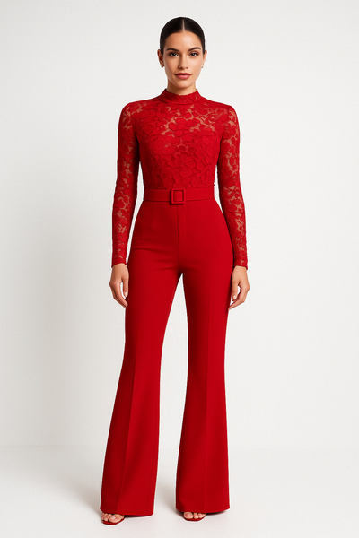 Women’s Jumpsuit – Lace Long Sleeve Top – Belted Waist – Flared Leg Full Length