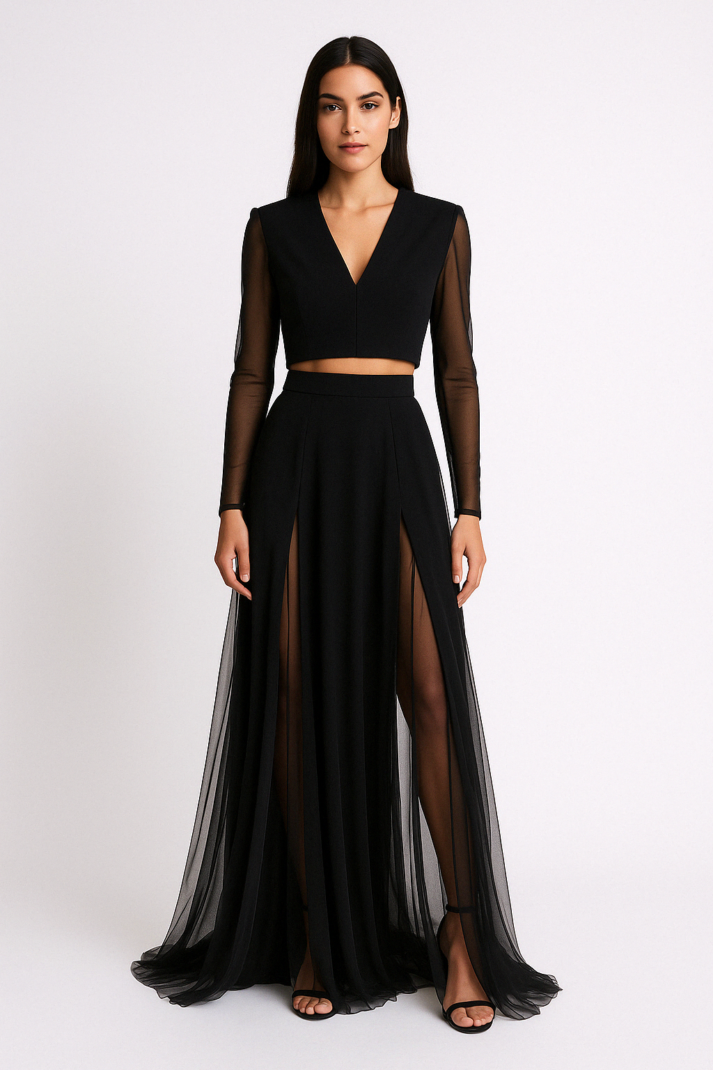 Women’s Two-Piece Set – Sheer Mesh Crop Top – Long Sleeve – A-Line Maxi Skirt