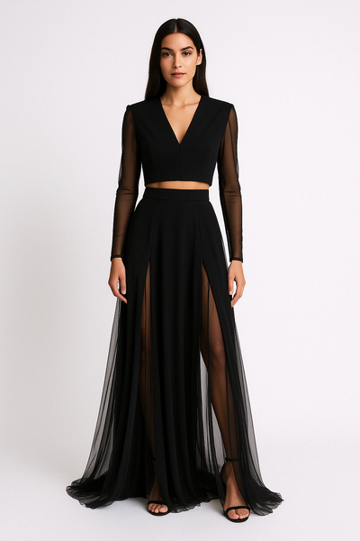 Women’s Two-Piece Set – Sheer Mesh Crop Top – Long Sleeve – A-Line Maxi Skirt