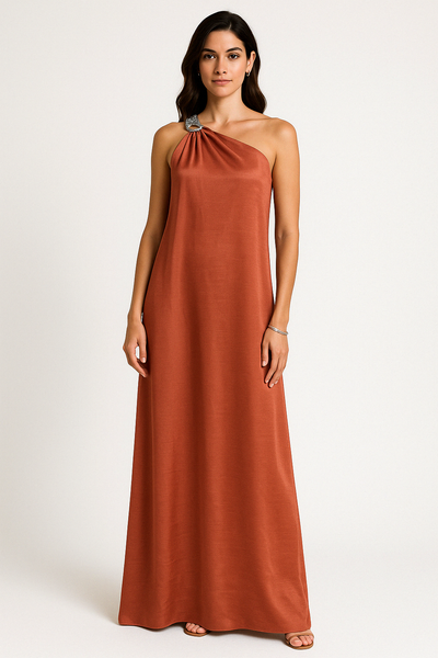 Women’s Evening Dress – Satin One Shoulder – Loose Fit – Full Length – Embellished Detail