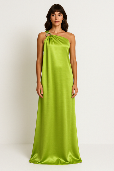 Women’s Evening Dress – Satin One Shoulder – Loose Fit – Full Length – Embellished Detail