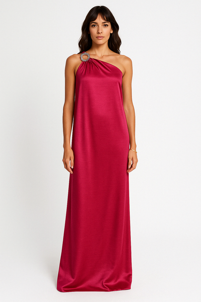 Women’s Evening Dress – Satin One Shoulder – Loose Fit – Full Length – Embellished Detail