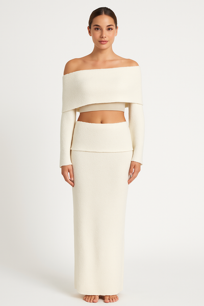 Women’s Two-Piece Set – Textured Knit – Off-Shoulder Top – High-Waisted Slim Skirt