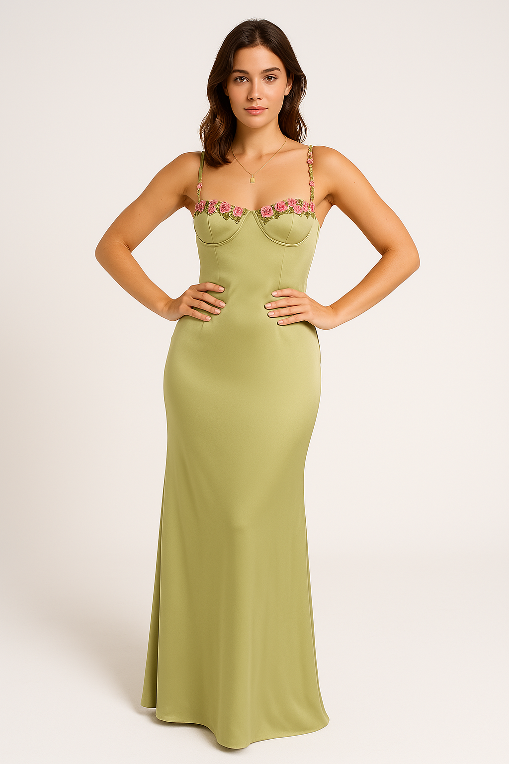 Women’s Long Dress – Satin Slim Fit – Sweetheart Neck – Floral Lace Trim Gown