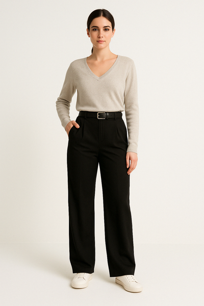 Women’s Trousers – Tailored Fit – High Waist – Wide Leg – Front Pleats – Full Length
