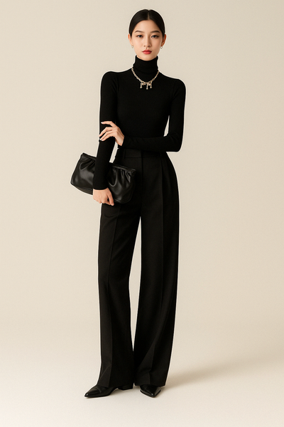 Women’s Wide-Leg Pants – High Waist – Wool Blend – Tailored Pleats – Full Length