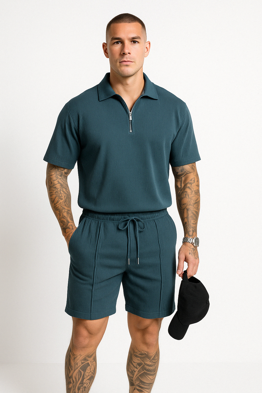 Men’s Polo and Shorts Set – Relaxed Fit – Cotton Blend – Zipper Neck – Drawstring Waist