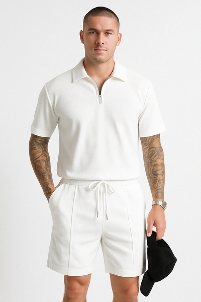 Men’s Polo and Shorts Set – Relaxed Fit – Cotton Blend – Zipper Neck – Drawstring Waist