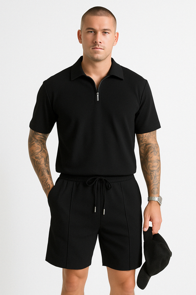 Men’s Polo and Shorts Set – Relaxed Fit – Cotton Blend – Zipper Neck – Drawstring Waist