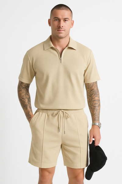Men’s Polo and Shorts Set – Relaxed Fit – Cotton Blend – Zipper Neck – Drawstring Waist