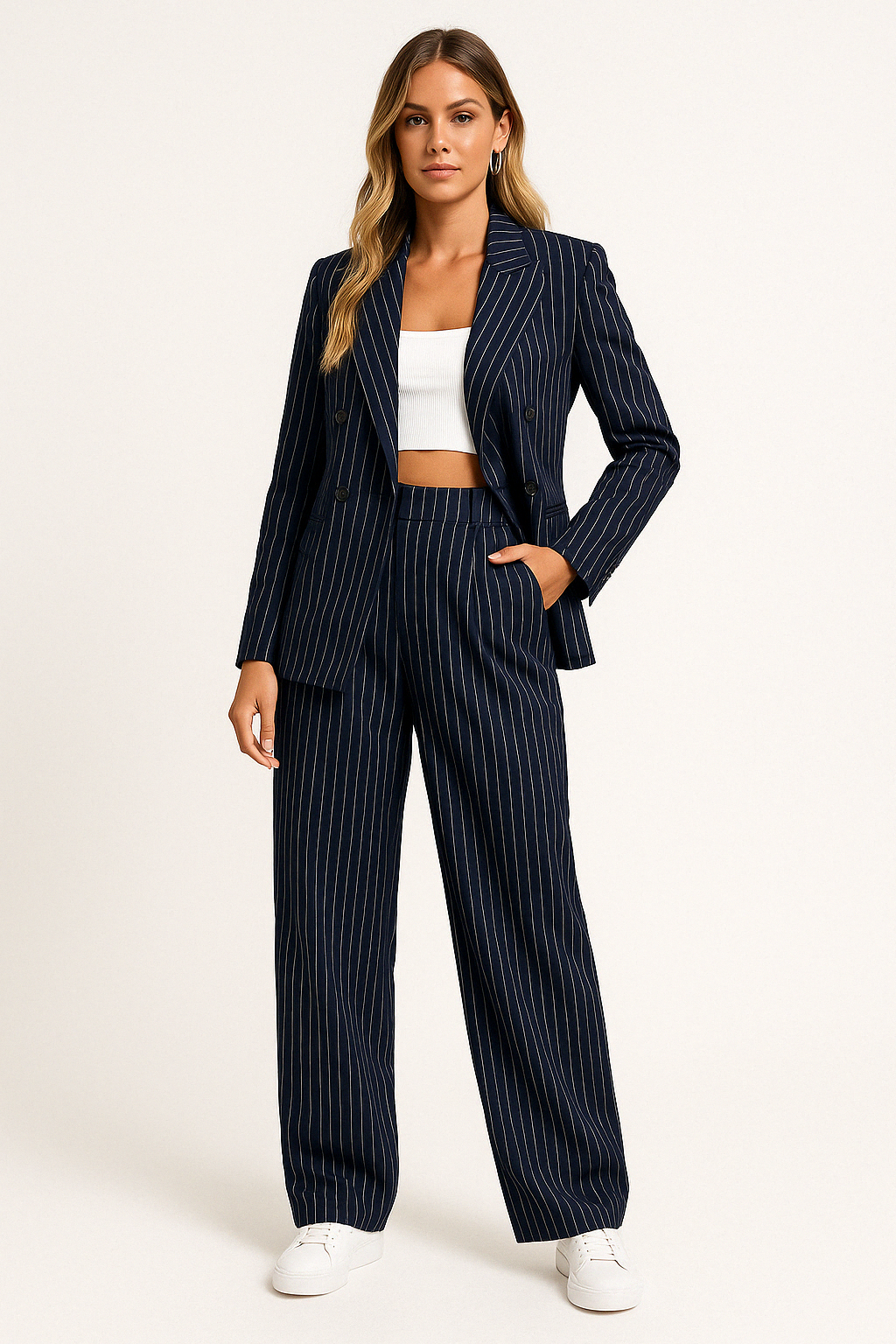 Women’s Blazer and Trouser Set – Tailored Fit – Wide-Leg High Waist – Double-Breasted