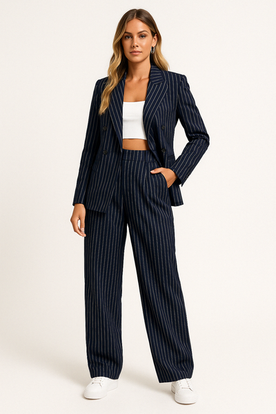 Women’s Blazer and Trouser Set – Tailored Fit – Wide-Leg High Waist – Double-Breasted
