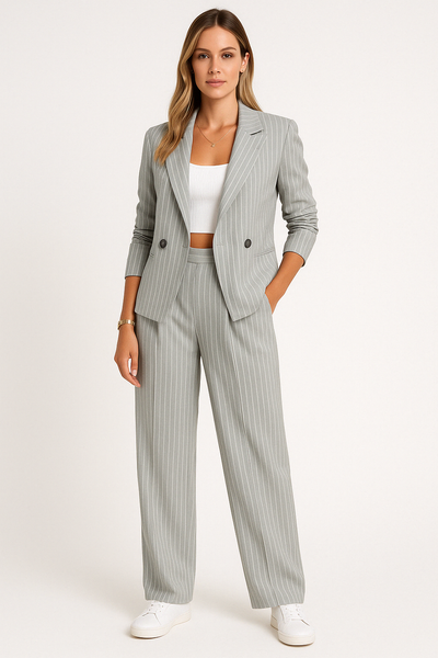 Women’s Blazer and Trouser Set – Tailored Fit – Wide-Leg High Waist – Double-Breasted