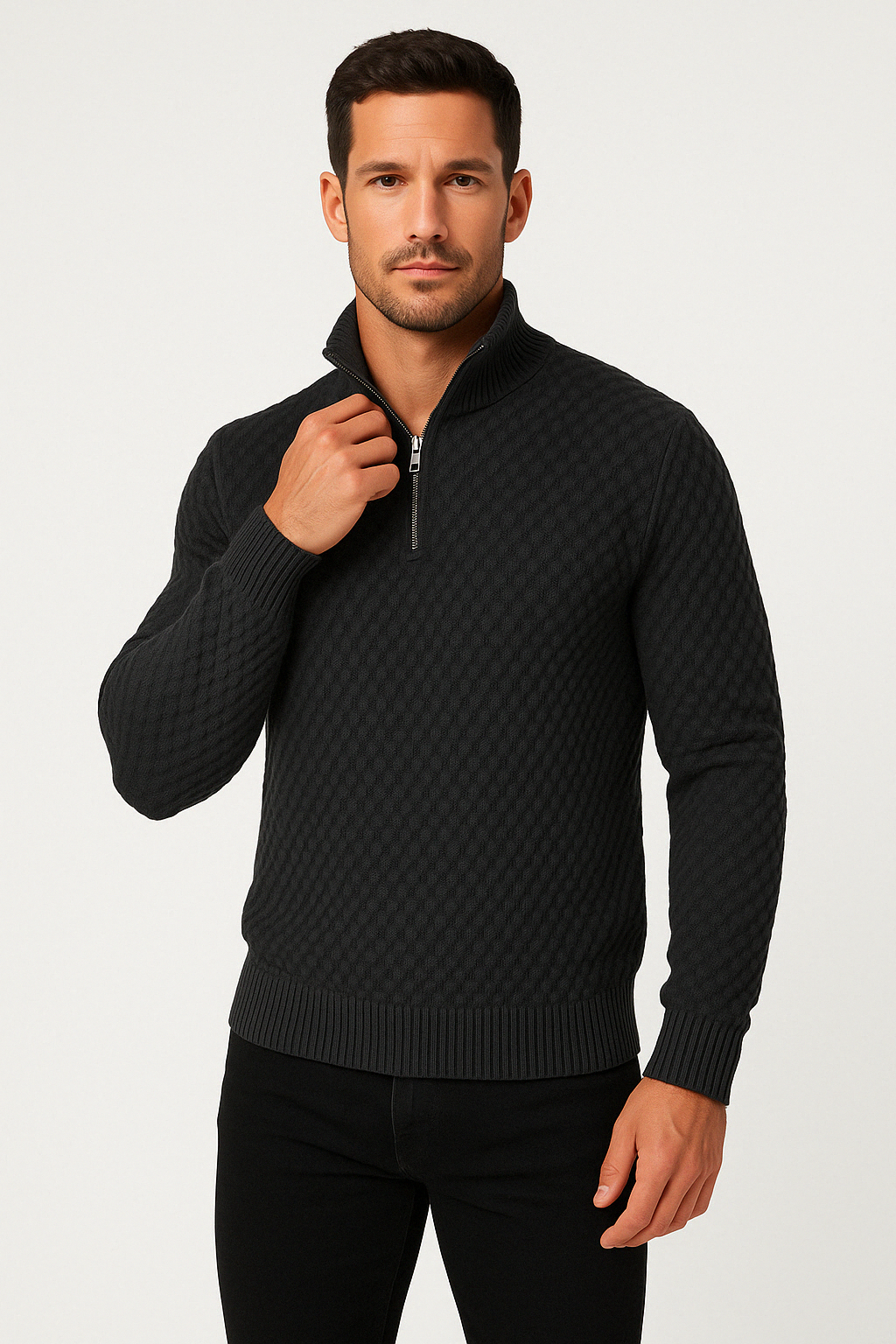 Men’s Half Zip Sweater – Tailored Fit – Textured Knit – Ribbed Collar & Cuffs