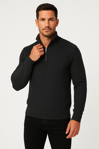 Men’s Half Zip Sweater – Tailored Fit – Textured Knit – Ribbed Collar & Cuffs