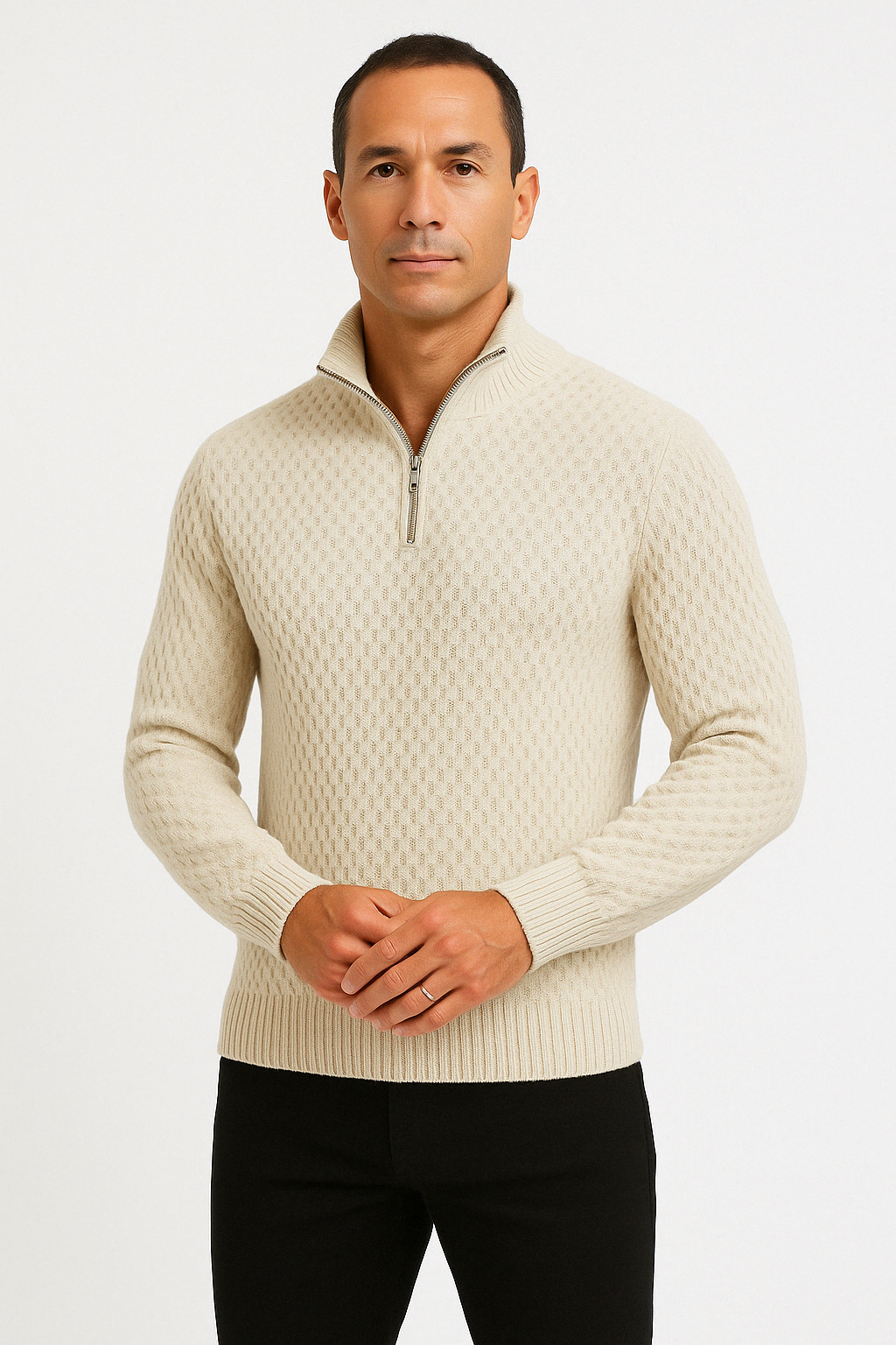 Men’s Half Zip Sweater – Tailored Fit – Textured Knit – Ribbed Collar & Cuffs