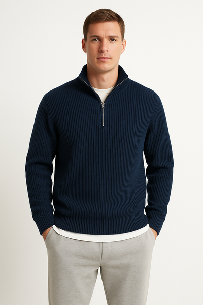 Men’s Half Zip Sweater – Wool Blend – Ribbed Knit – Relaxed Fit – Casual Style