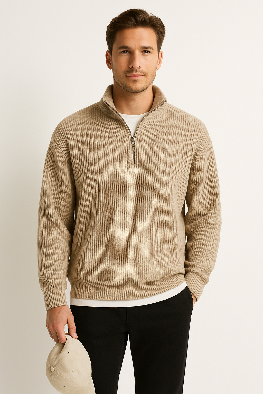 Men’s Half Zip Sweater – Wool Blend – Ribbed Knit – Relaxed Fit – Casual Style