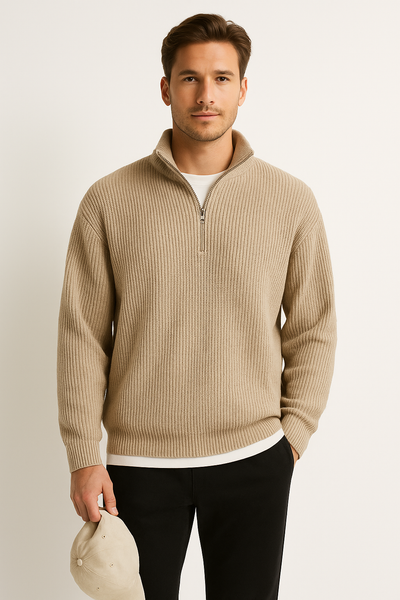 Men’s Half Zip Sweater – Wool Blend – Ribbed Knit – Relaxed Fit – Casual Style