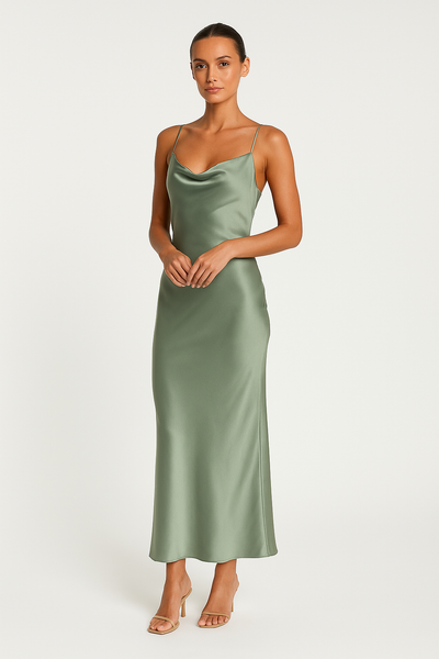 Women’s Maxi Dress – Satin Slim Fit – Cowl Neck – Sleeveless Evening Gown