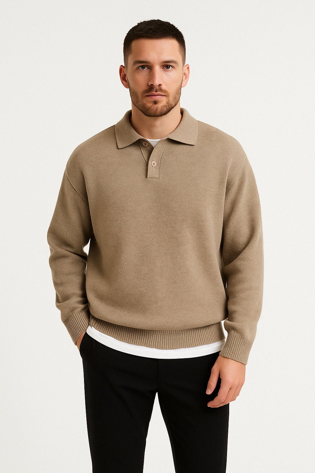 Men’s Wool Sweater – Relaxed Fit – Buttoned Polo Collar – Ribbed Hem and Cuffs
