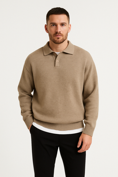 Men’s Wool Sweater – Relaxed Fit – Buttoned Polo Collar – Ribbed Hem and Cuffs