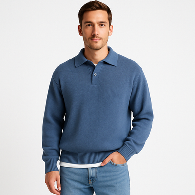 Men’s Wool Sweater – Relaxed Fit – Buttoned Polo Collar – Ribbed Hem and Cuffs