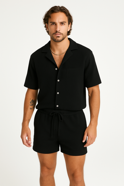Men’s Outfit Set – Button-Up Shirt and Drawstring Shorts – Relaxed Fit Lightweight