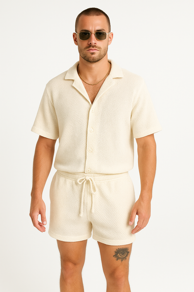 Men’s Outfit Set – Button-Up Shirt and Drawstring Shorts – Relaxed Fit Lightweight