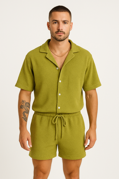 Men’s Outfit Set – Button-Up Shirt and Drawstring Shorts – Relaxed Fit Lightweight