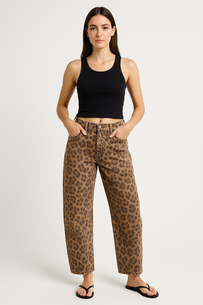 Women’s Barrel-Leg Jeans – Relaxed Fit – Full Length – Animal Print Denim