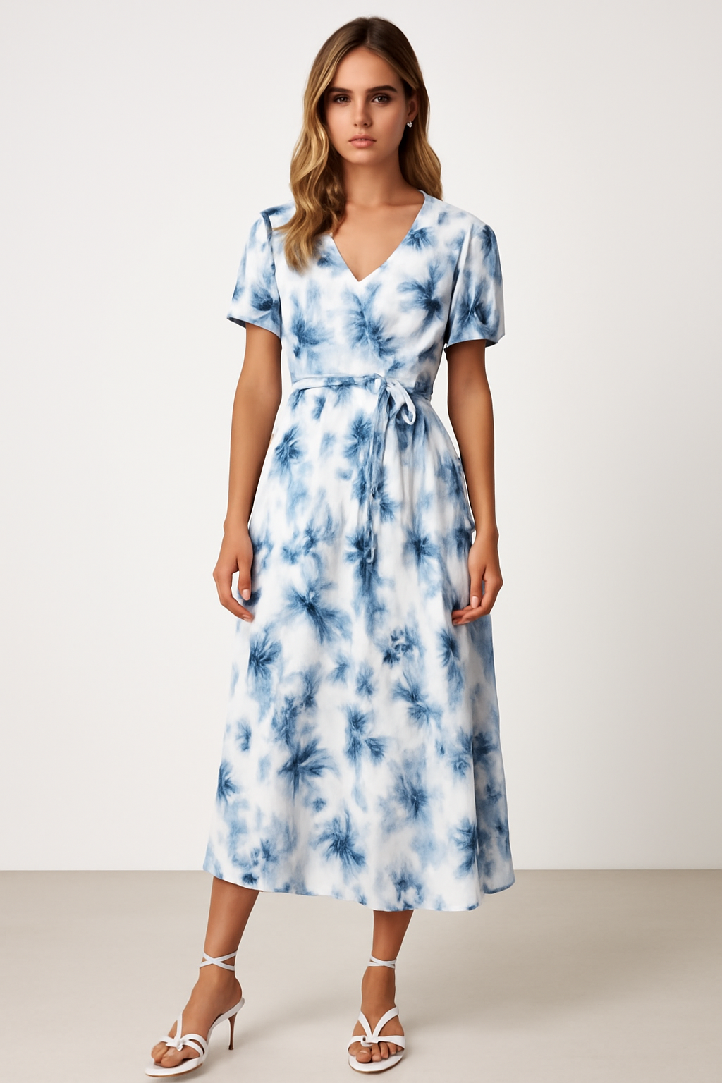 Women’s Midi Dress – V-Neck – Puff Sleeve – Tie Waist – Flared Silhouette – Soft Fabric