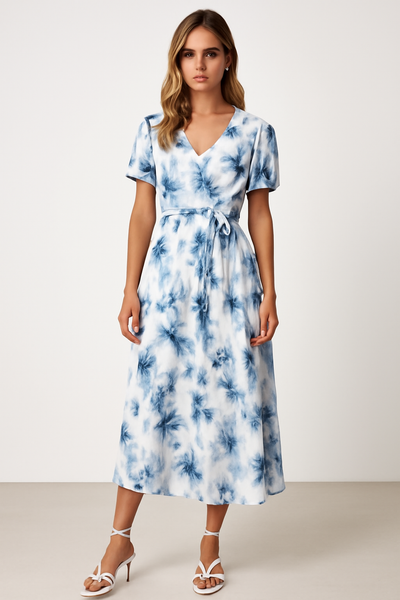 Women’s Midi Dress – V-Neck – Puff Sleeve – Tie Waist – Flared Silhouette – Soft Fabric