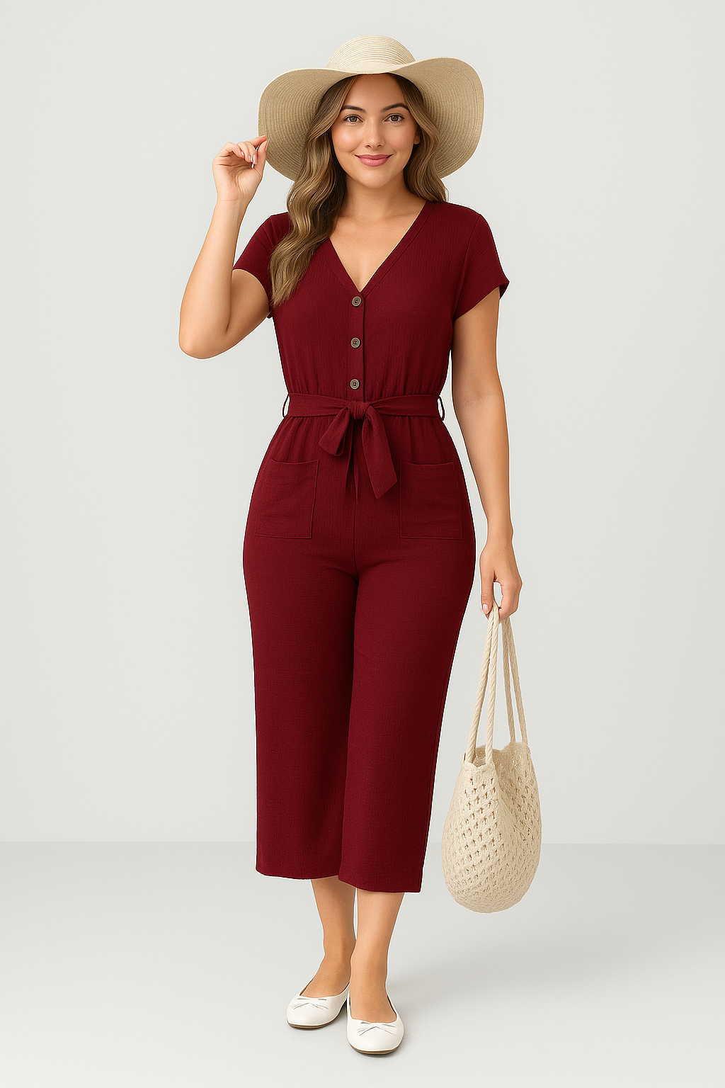 Women’s Jumpsuit – V-Neck – Short Sleeve – Belted Waist – Cropped Culotte Fit